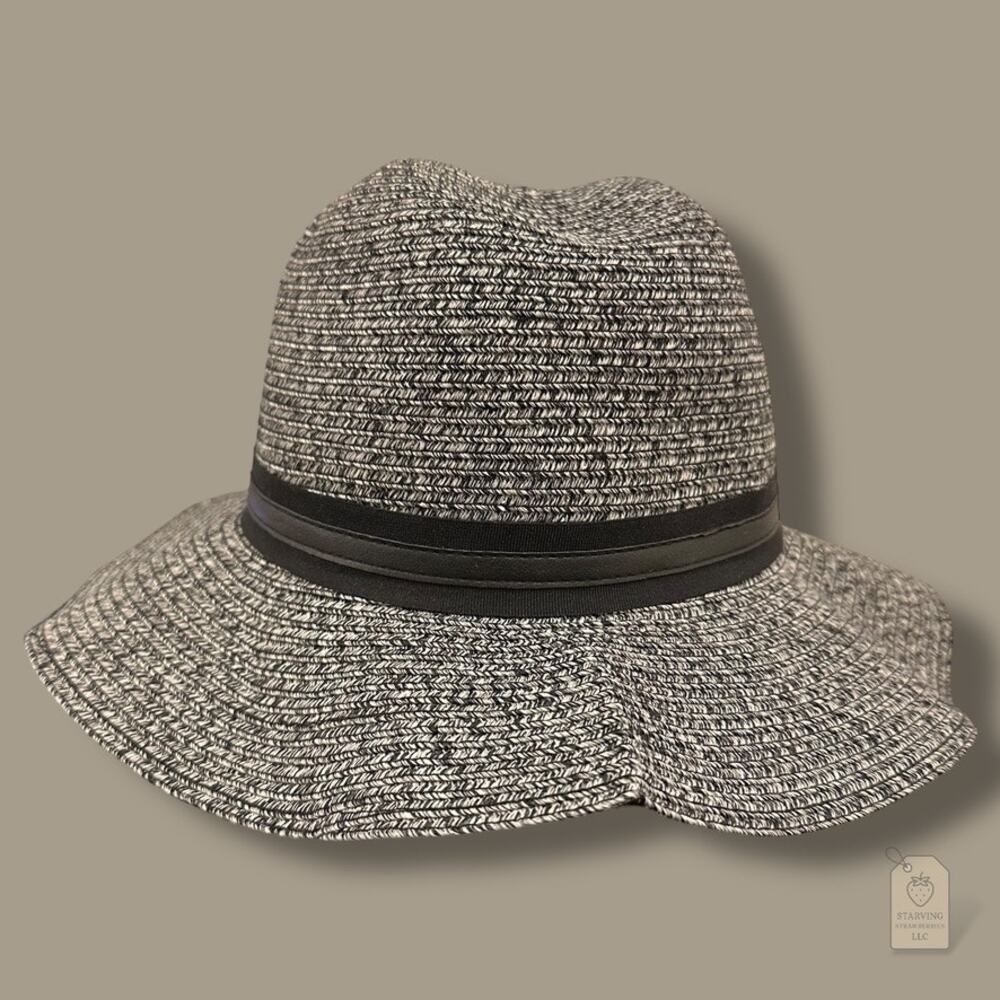 Vince Camuto Black White Woven Fedora Hat One Size Wide Brim Sun